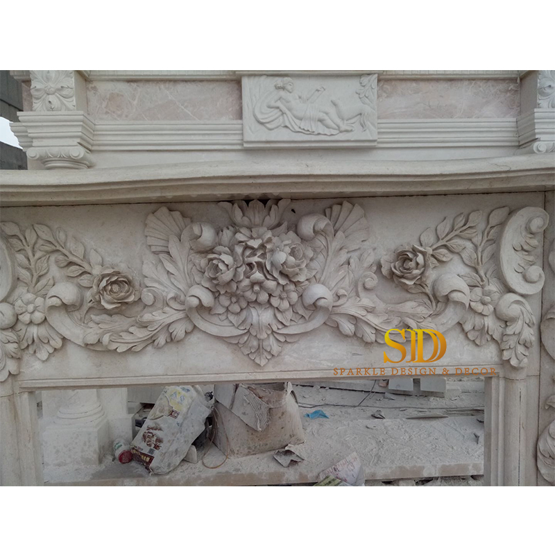 Hand Carved Beige Limestone Fireplace Surround with Roses