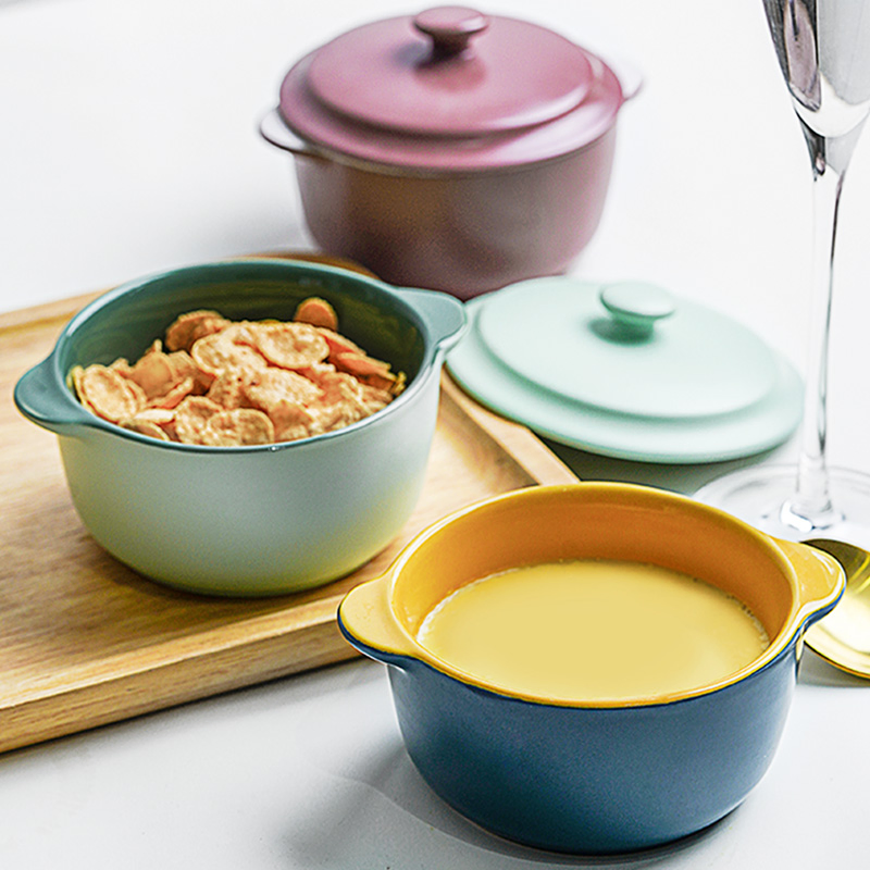 Ceramic Anti-Scald Double Ear Small Stew Pot Baking Soup Bowl with Lid