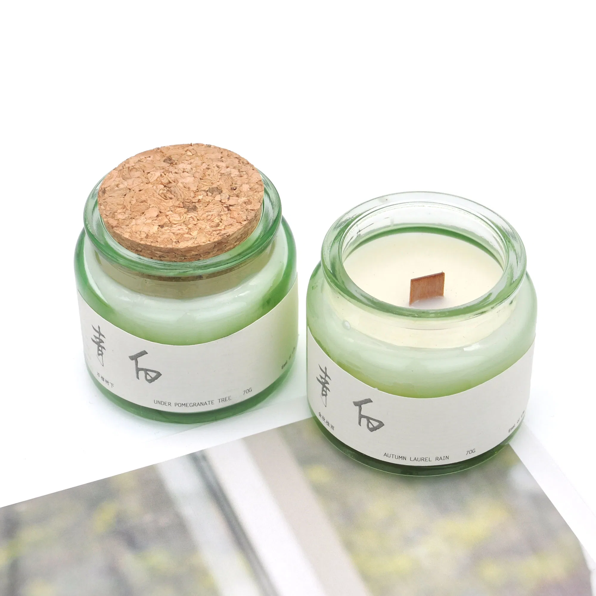 DIY Heat Resistant Green Clear 70g Candle Vessel Container Empty Glass Candle Jar with Cork Lid