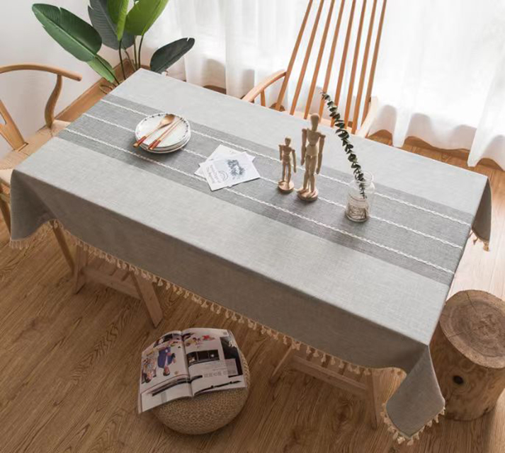 Stripes Jacquard Polyester Table Runner with POM POM Trims for Home Hotel