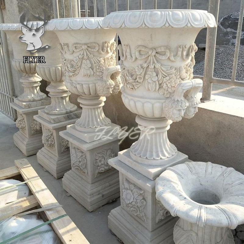 Wholesale Garden Decoration Handcarved Natural Stone Relief Flower Urns Planters Pots Large White Marble Flowerpot