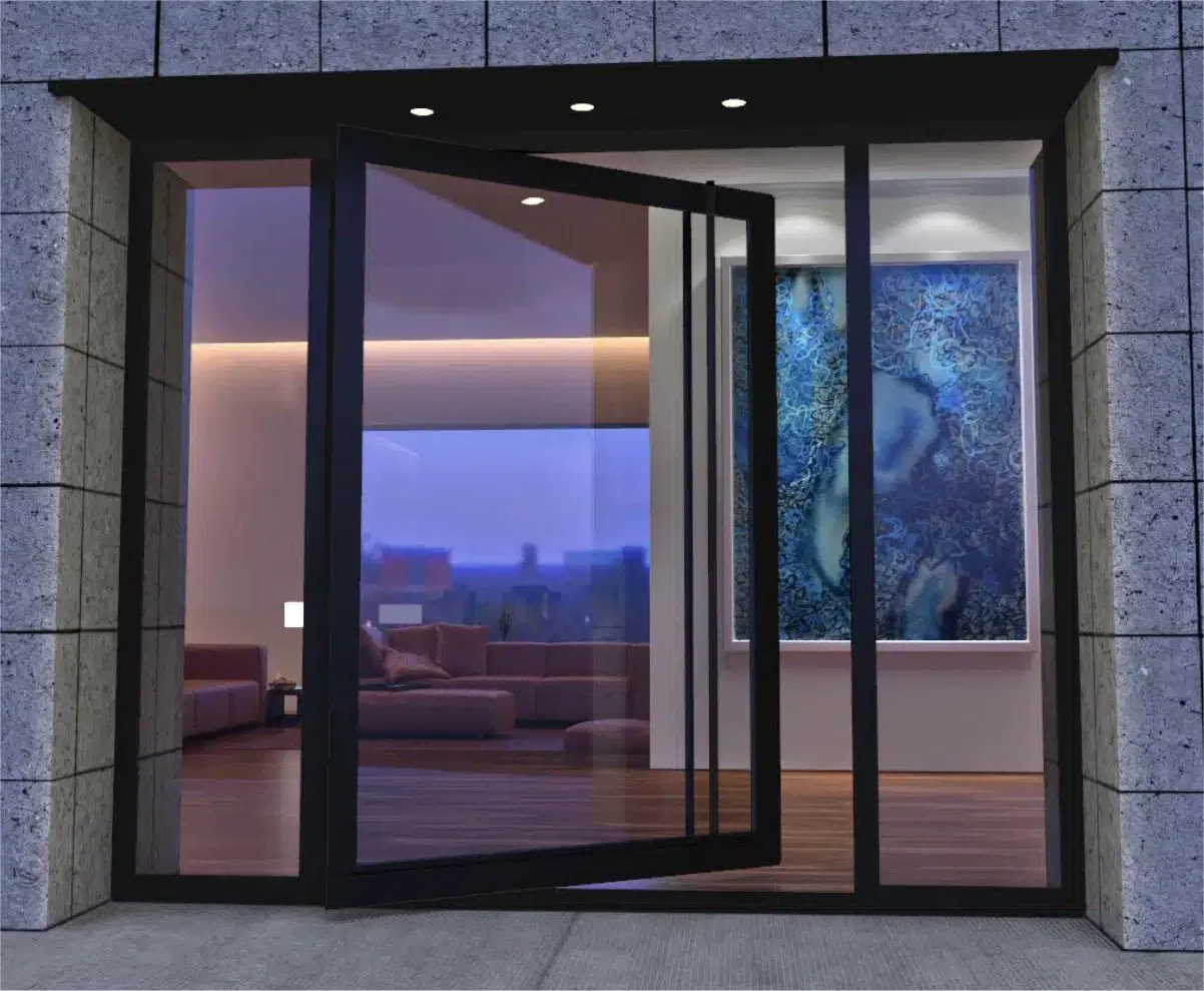 Алюминиевая входная дверь Dorwin Tech с синим стеклом