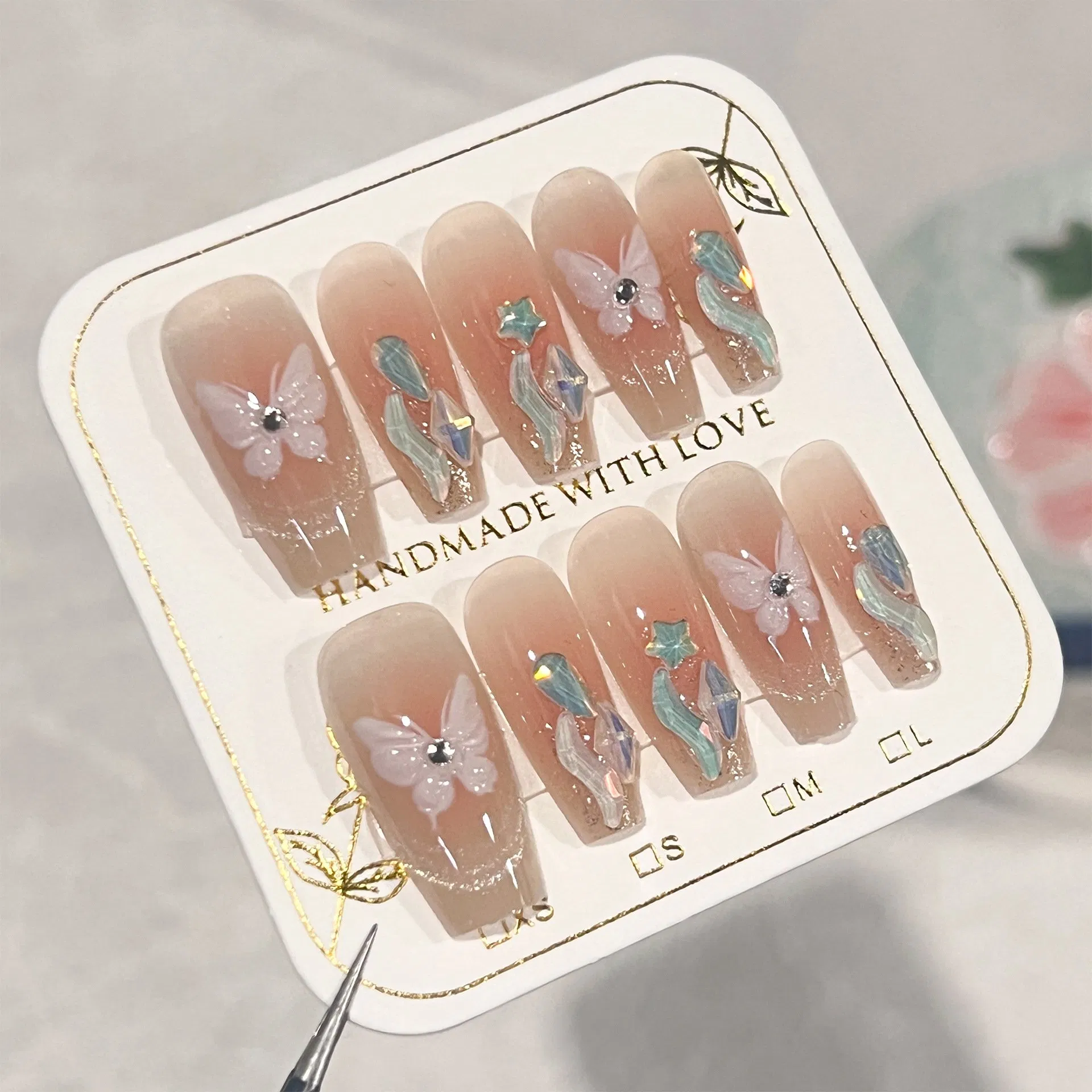 Transparent OEM French Pink 3D Butterfly Artificial Diamond Rhinestone Drop-Shaped Press on False Nails Art Polish Beauty Wholesale Fake Nail Different Sizes