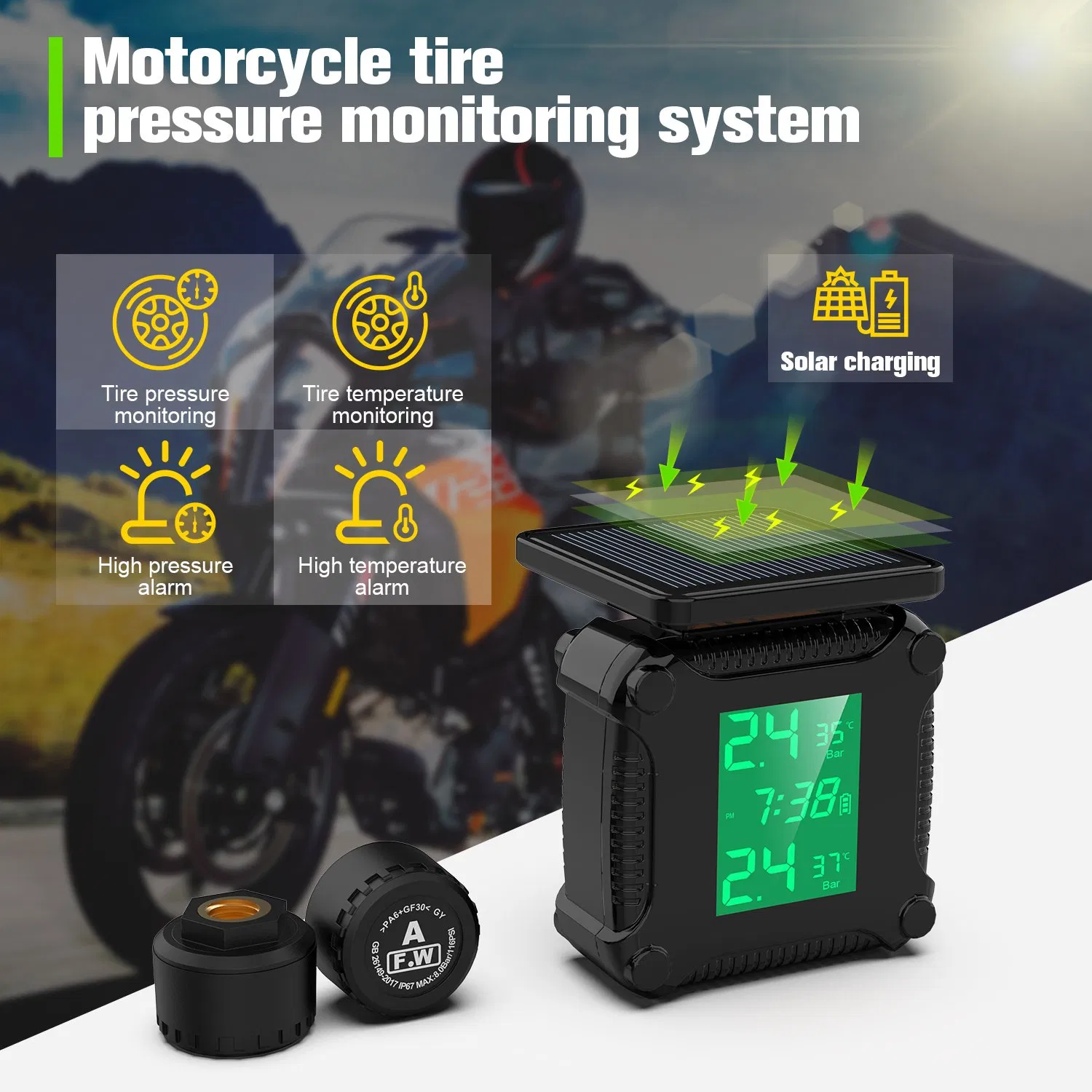 Солнечный TPMS-монитор для мотоцикла с внешними датчиками
