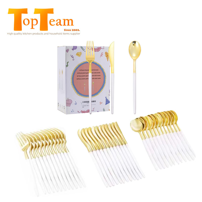 Elegant Gold & White Disposable Plastic Cutlery Set for Events