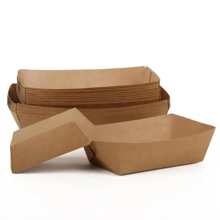 Disposable Kraft Paper Food Trays, Small Recyclable Eco Take-out Boat Tray