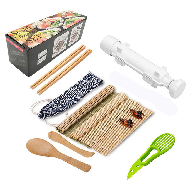 Sushi Making Tools-Sushi Knife, Bamboo Rolling Mat, Ceramic Plate, Japanese Rice Spoon, Onigiri Sushi Mold Set