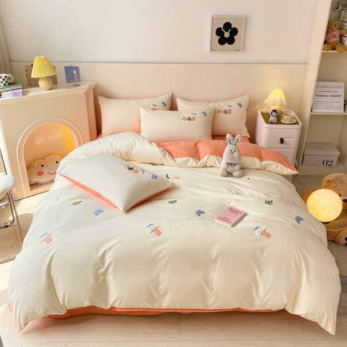 Embroidery Queen Bed Sheets Set 4 Piece Nordic Style Bedding Set Cotton Sheet Set