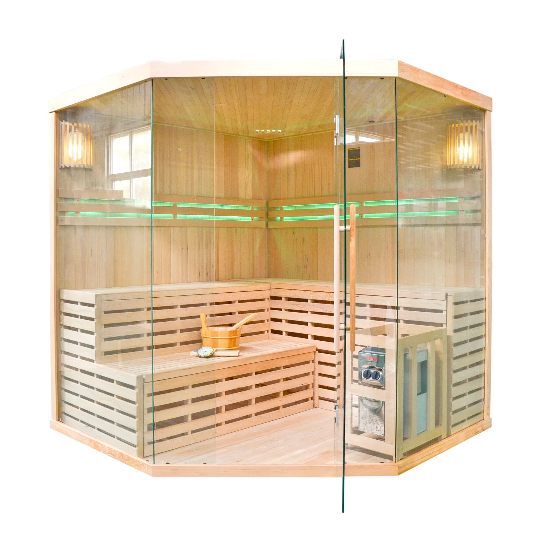 Угловая сауна на 5-6 человек с подогревом скамьи