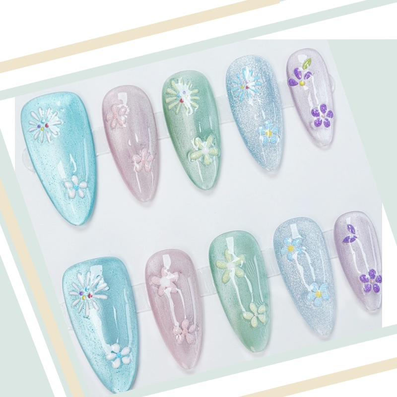 Elegant 3D Floral Press-on Nails with Crystal Accents