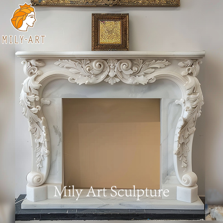 Traditional French Style Hand Carved Natural White Marble Fireplace Mantel