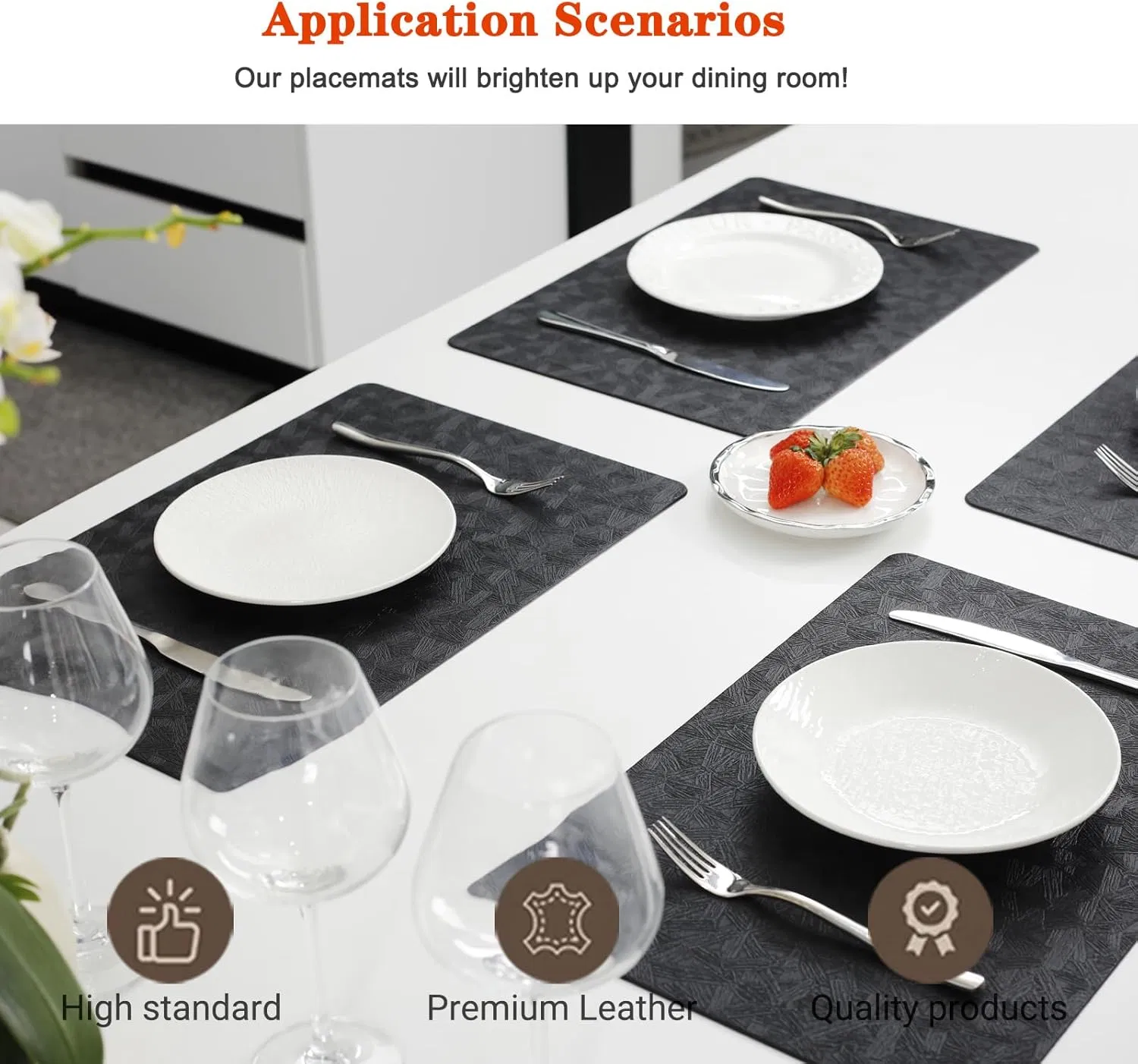 Vinyl Placemats Set of 6 Heat Resistant Easy Clean Non-Slip Place Mats for Dining Table. Faux Leather Waterproof Stain Resistant Wipeable Washable PU Table Mats