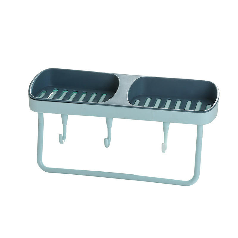Creative Non Perforated Wall Mounted Double Grid Soap Towel Drain Rack Bathroom Space Savers Plastic Storage Box