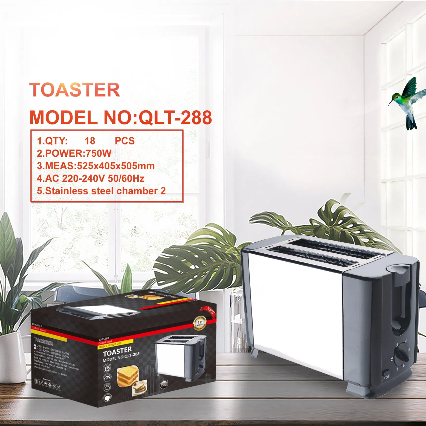 Qlt-288 Automatic Stainless Steel Electronic Toaster for 2 Slices Bread for Household or Hotel Use