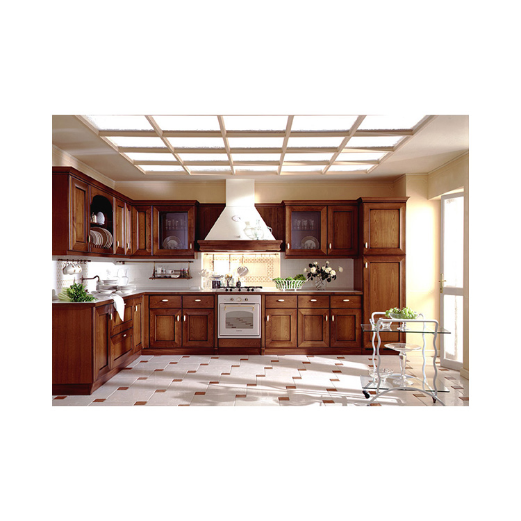 Factory Price Classical Solid Wood Kitchen Design Brown with Island Wholesale Kitchen Cabinet