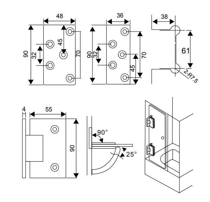 Square Bevel 90 Degree Single Bathroom Glass Clamp