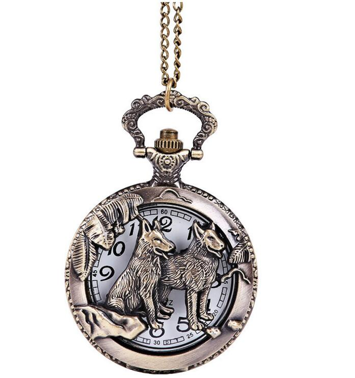 Wholesale Quartz Bronze Dog Pocket Watch Vintage Clock Men Women Necklace Chain Pendant Pocket Watch