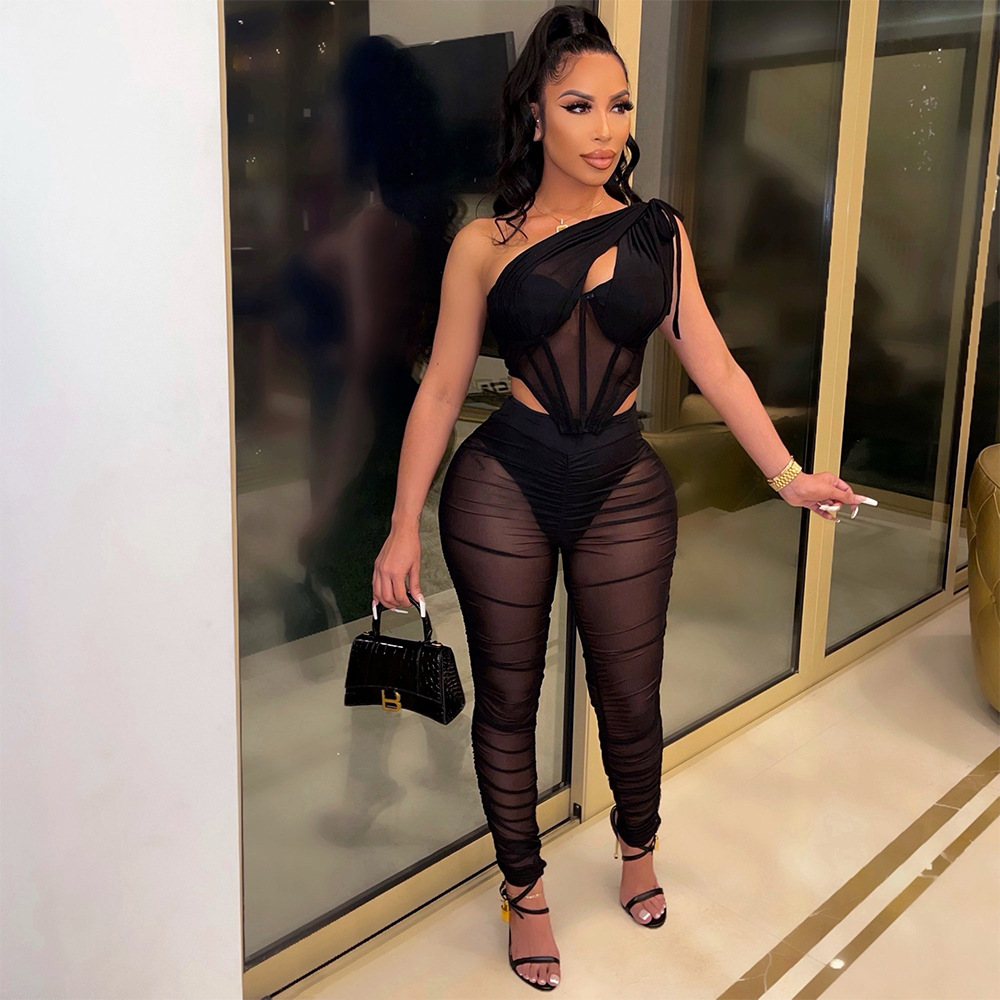 Комплект спортивный женский топ на одно плечо и костюм сетчатый для бега