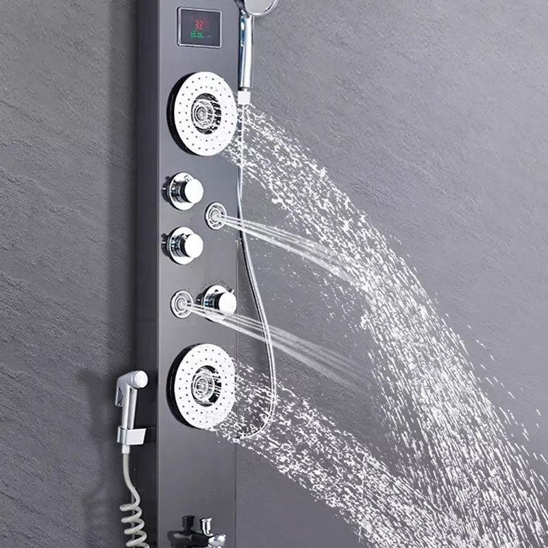 LED Thermostatic Digital Display Shower Panel Bathroom Wall Mounted Stainless Steel Waterfall Black Shower Column Set Tower Massage Jets LED Shower Panels