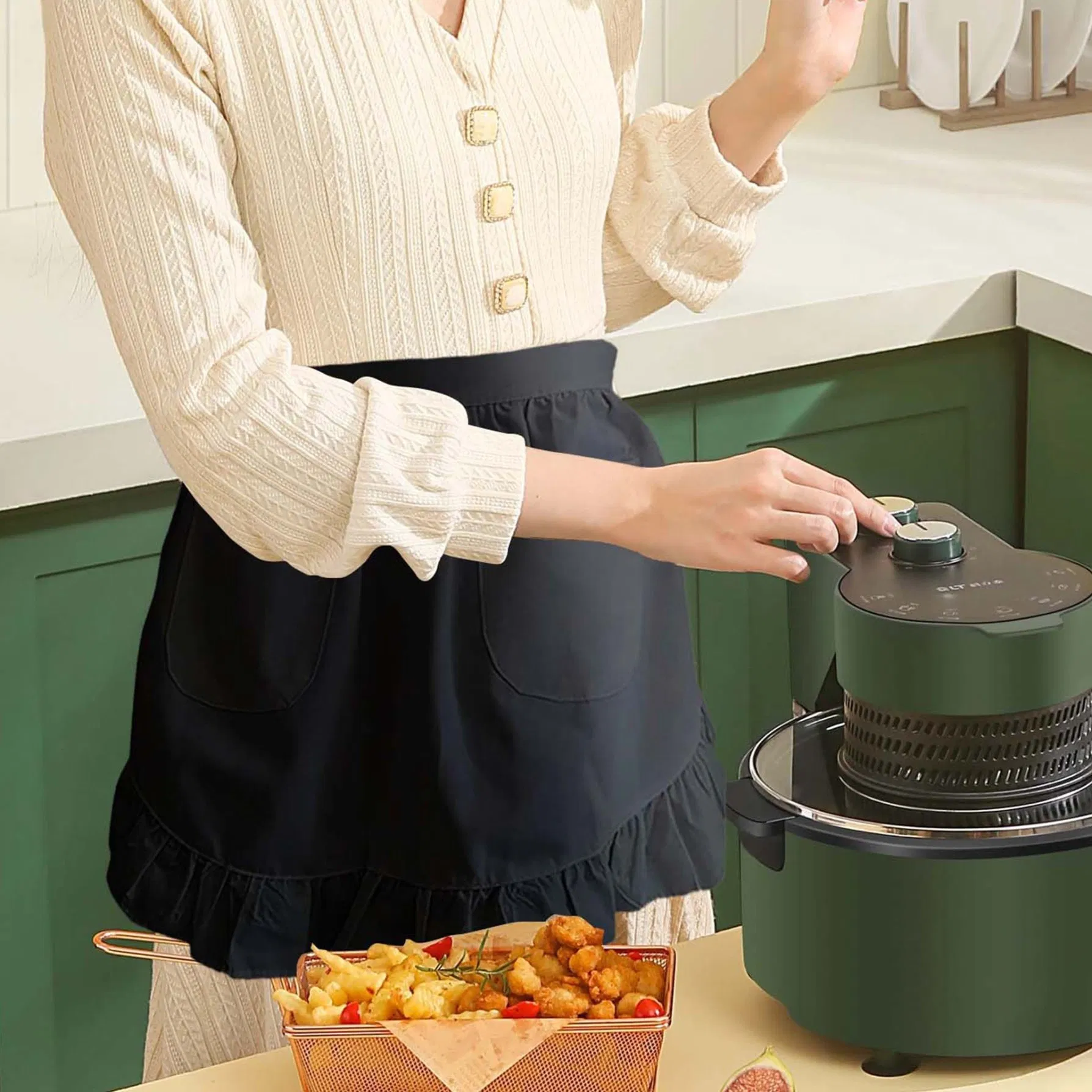 Stylish White Cotton Maid Apron with Bow Lace for Coffee Shops