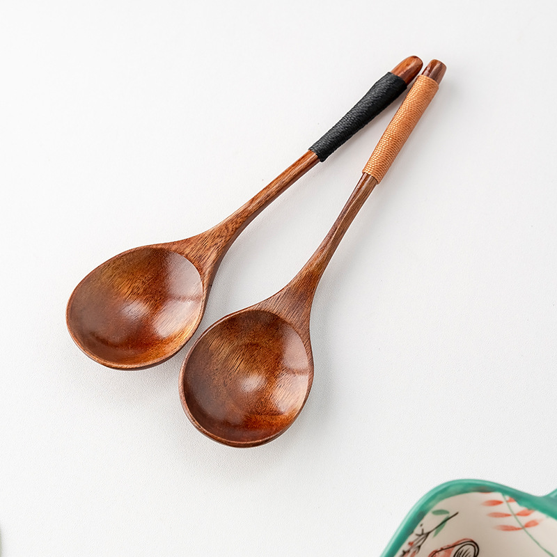 Nanmu Japanese Lacquer Handle Wooden Soup Spoon with 4 Colors Tie