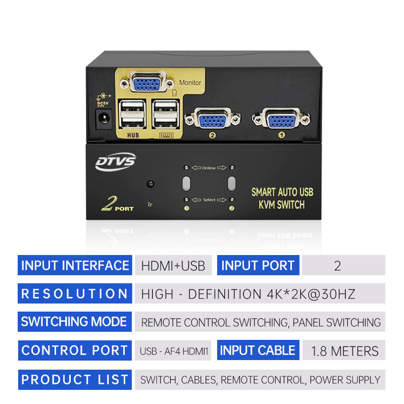 2-Port HDMI+USB 4K 30Hz Kvm Console Switch USB 2.0 Remote for Laptops/Monitors