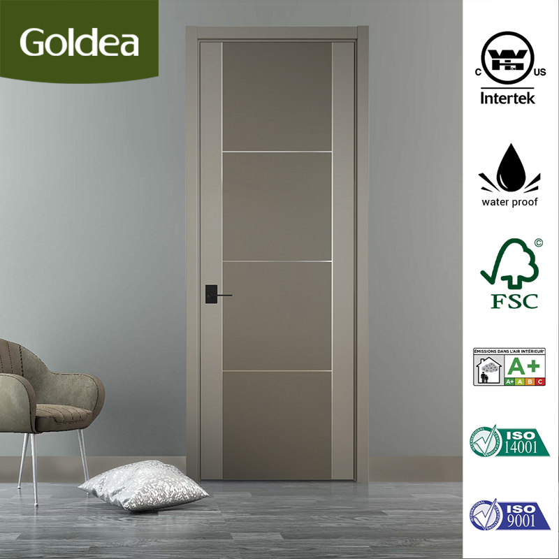 ODM European Style Finished China MDF PVC Bypass Interior Hotel Toilet Wooden Front Door with Metal Strips Inlay Design