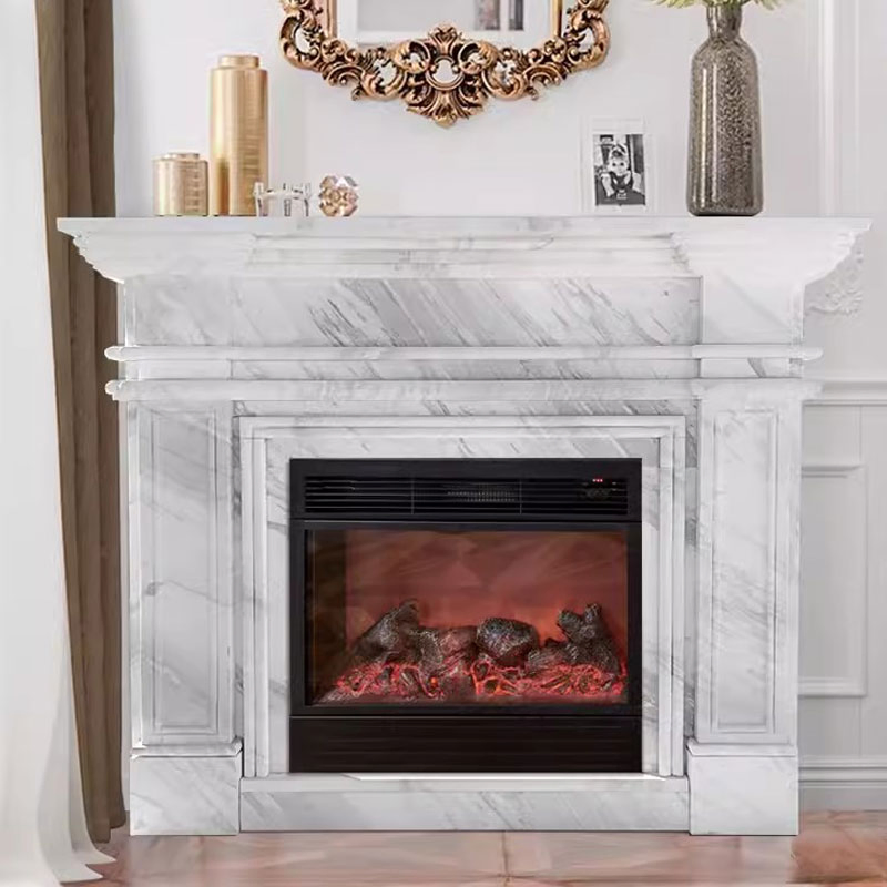 Custom-Designed Interior Volakas White Marble Fireplace