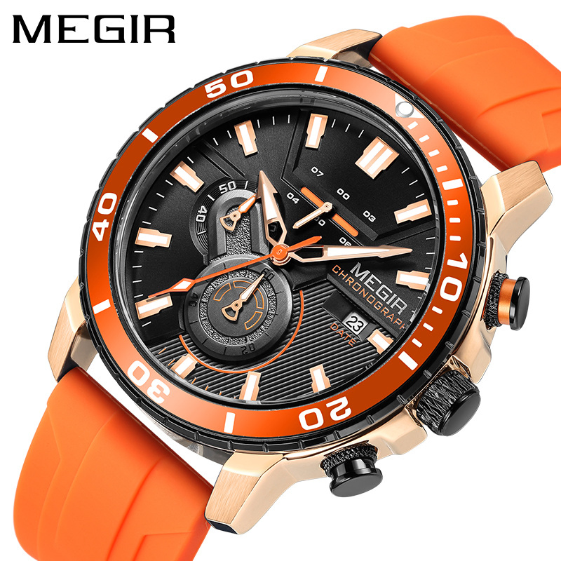 New Megir Men's Sports Silicone Strap Multi Functional Luminous Quartz Watch