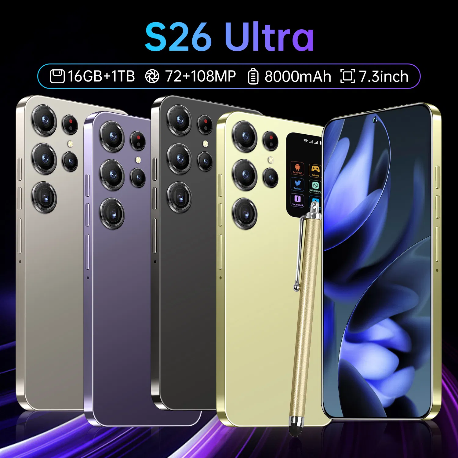 S26 Ultra, 16GB+1tb, 5g, 7.3 Inches, Mtk 6889 Processor, 72MP, 108MP, Android 14 Smartphone, Built-in Stylus, High Performance S