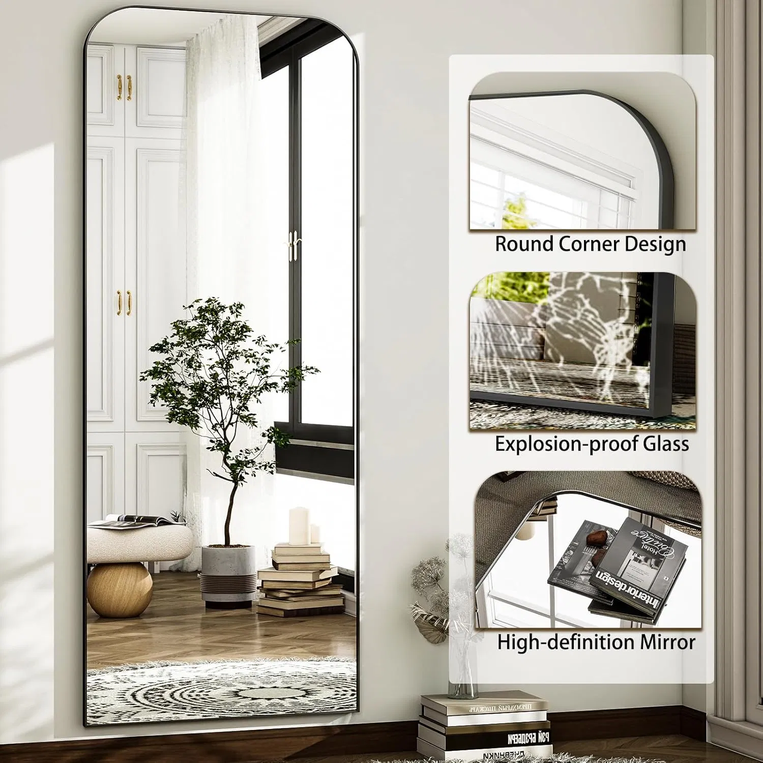 120*60 Cm Full Body Mirror Top Rounded Corner Aluminum Frame Full Length Mirror Hanging or Leaning Wall Floor Mirror with Stand for Cloakroom, Bedroom