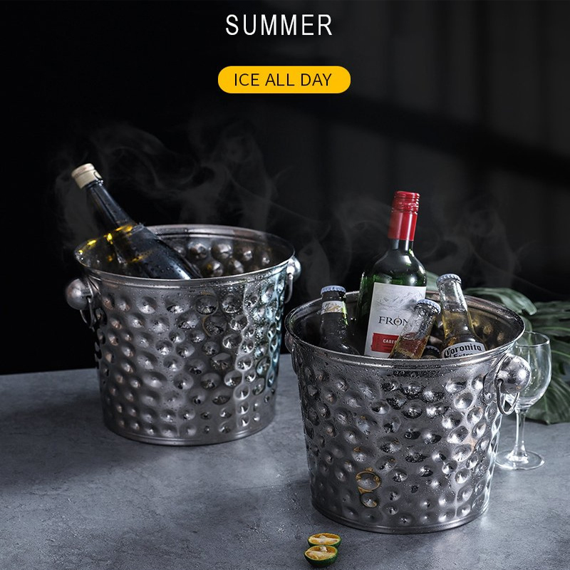 Hammered Stainless Steel Ice Bucket Beverages Beers Drinks Cooler