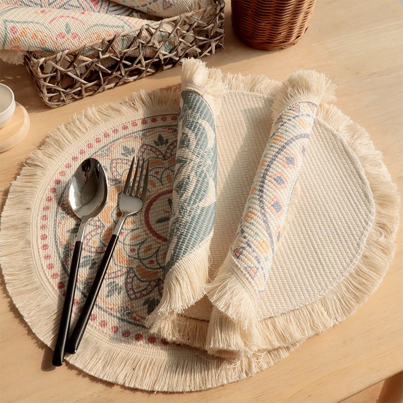 Boho Cotton Woven Macrame Tassels Table Mats Washable Heat Resistant Neutral Place Mat for Dining Room Kitchen Table Decor