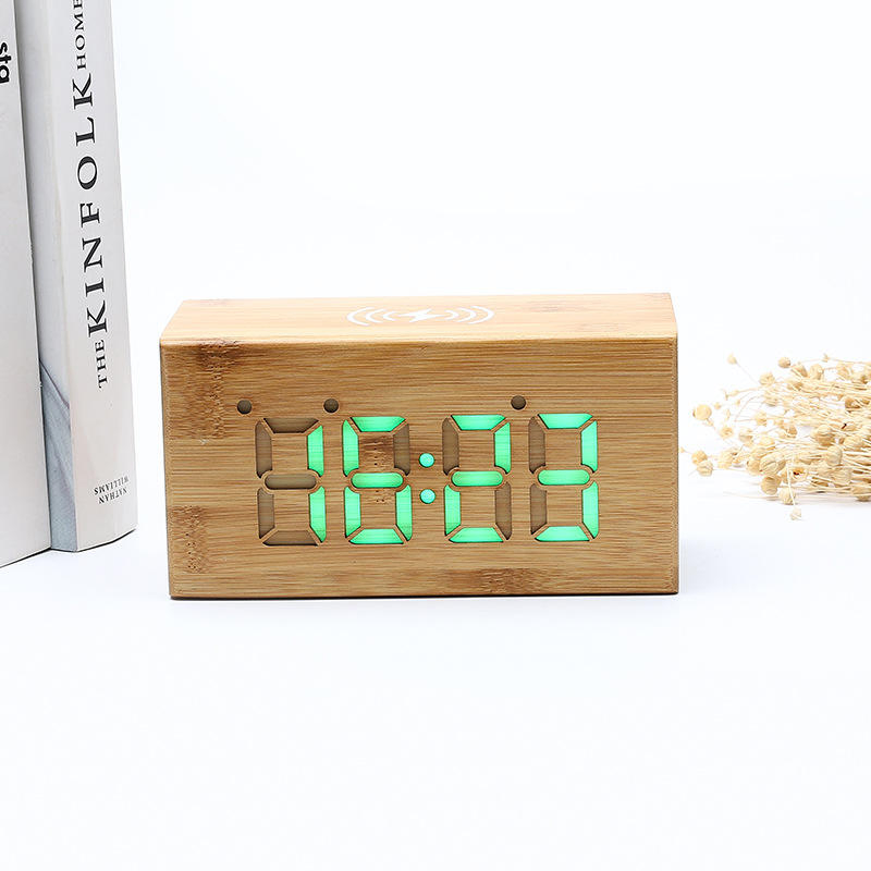 Bamboo Digital Desktop Alarm LED Wooden Table Clock with Wireless Charger