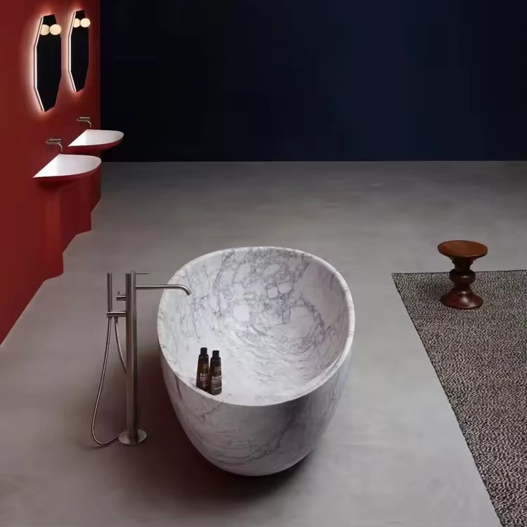 Arabescato White Marble Bathroom Tub Marble Freestanding Bath Oval Soaking Bathtub