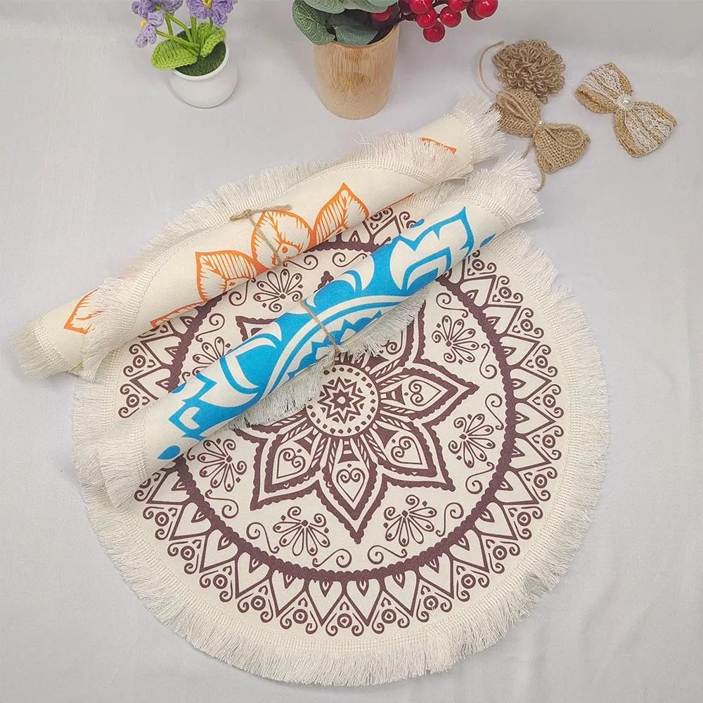 Boho Round Placemats Table Decor Soft Polyester Waterproof Placemat with Fringe for Dining Table