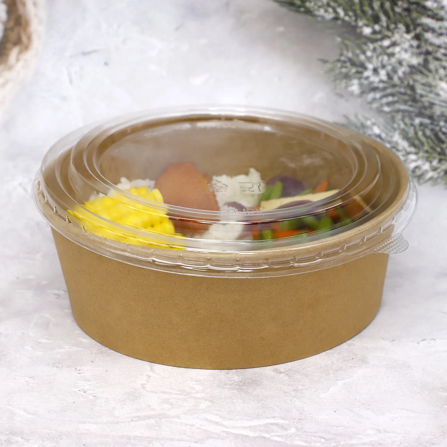 Disposable Food Container Brown Kraft Paper Soup Bowl with Lid