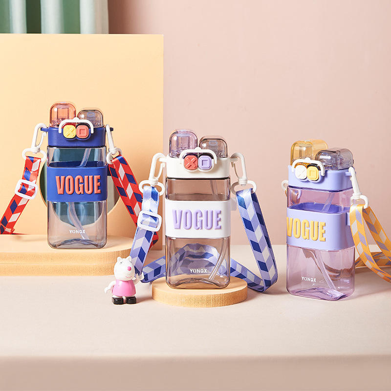 2023 New Summer Portable Punk Drinking Cup Square Lanyard Bottle Student Children's Plastic Cartoon Double Mouth Sports Cup