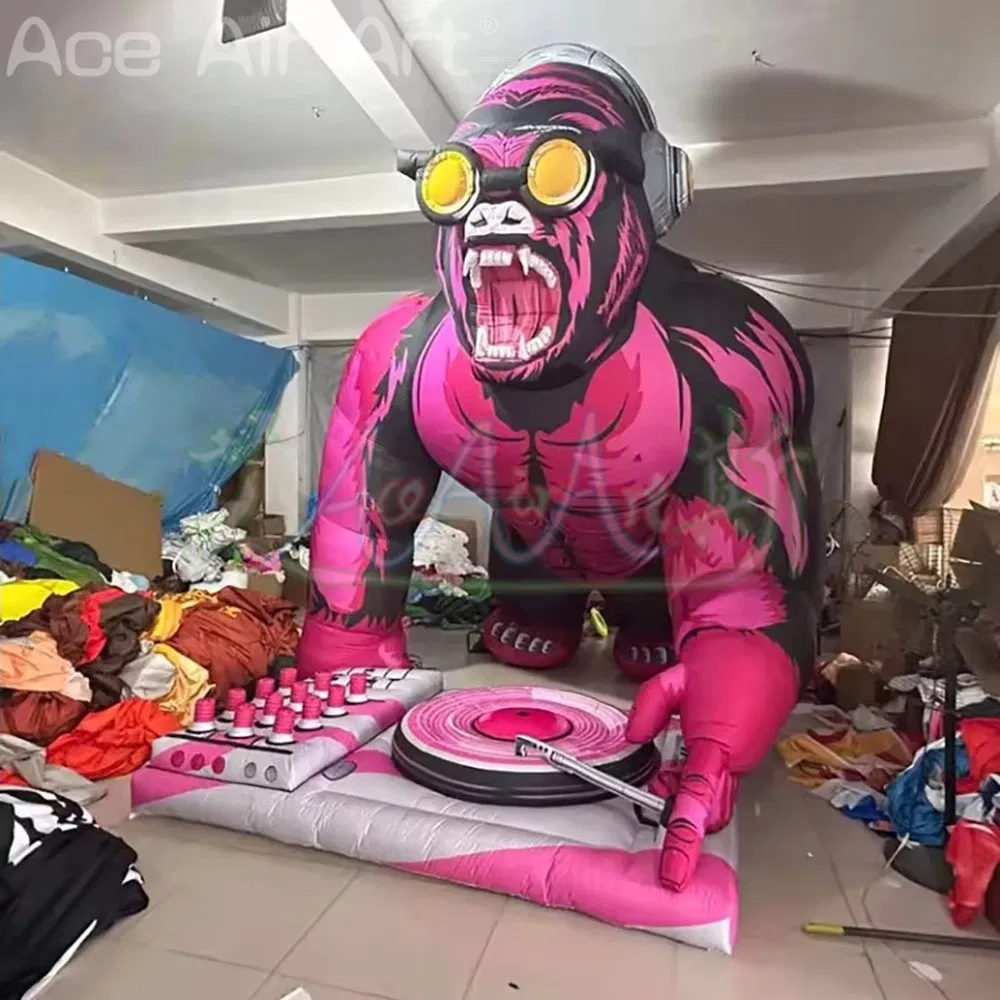 5m Giant Inflatable Gorilla Wearing Headphone Pressing DJ Key Board Balloon for Nightclub Music Festival Decor Event Advertising Props