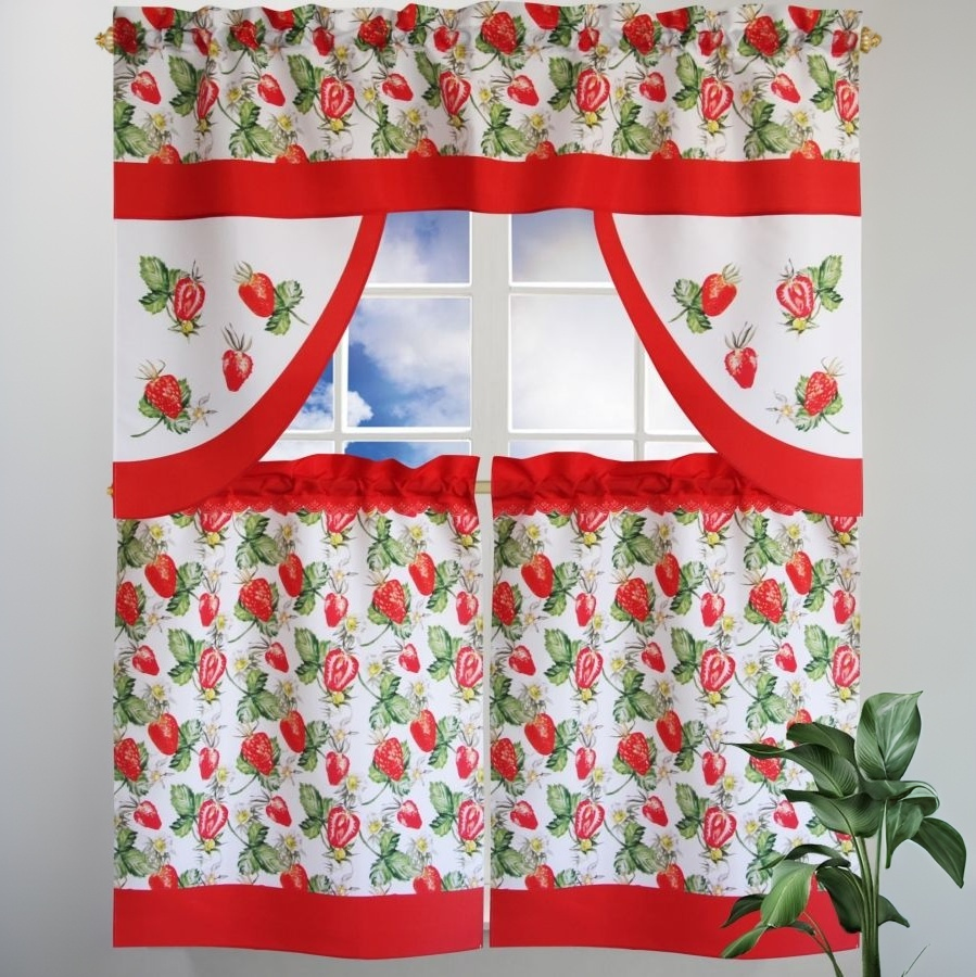 Delicious Strawberries and Red Border Fruits Kitchen Curtain