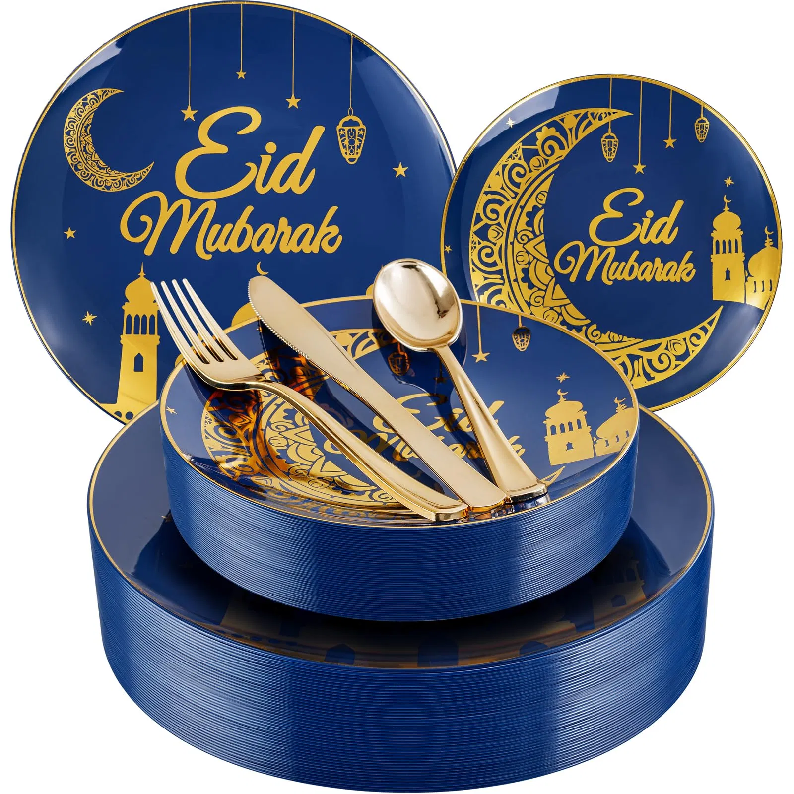 Nervure 125PCS Ramadan Plastic Plates - Eid Mubarak Plates - Blue Gold Plates Include 50PCS Plates 25PCS Spoons 25PCS Forks 25PCS Knives for Ramadan Mubarak Tab