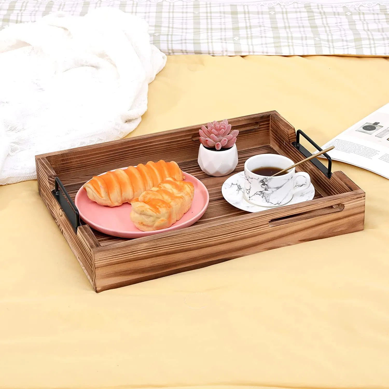 Solid Wooden Wine Serving Tray with Removable Glass Holder for Breakfirst