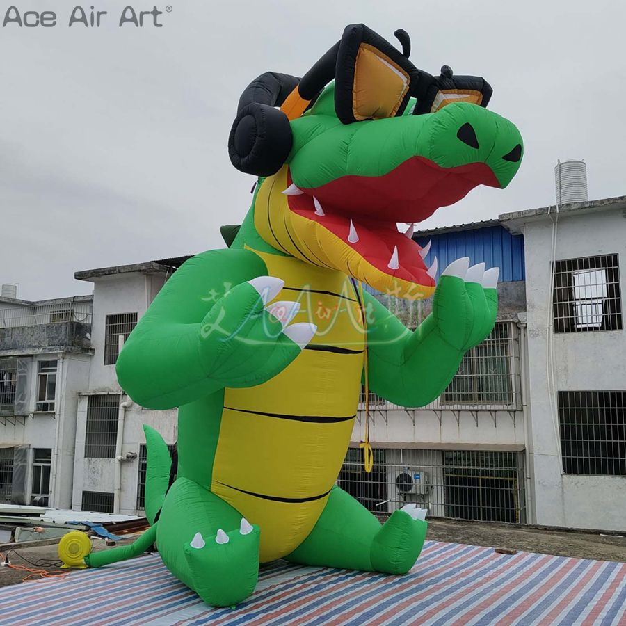 5m H Inflatable Crocodile Cartoon Model Water Animal Wearing Headphones for Festival Decoration or Advertisement