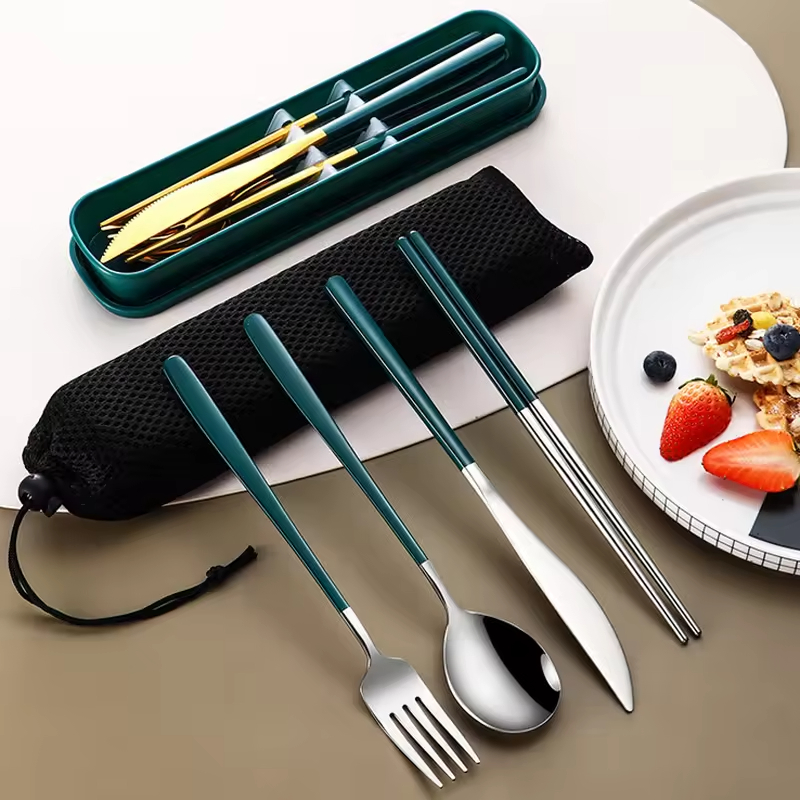 24PCS Cutlery Set Low Price Color Box Package Dinner Dark Green Gold Fork Spoon Knife Laguiole Stainless Steel Flatware Sets