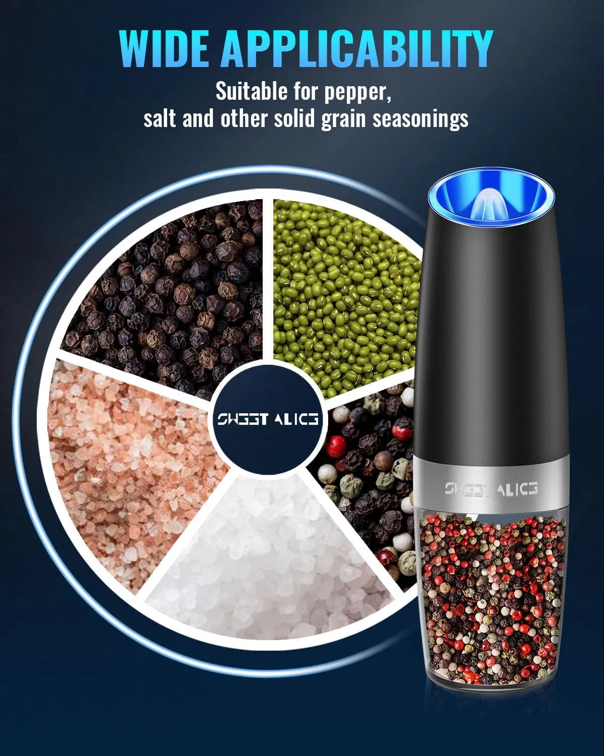 Gravity Electric Pepper and Salt Grinder Set, Adjustable Coarseness, 2 Pack