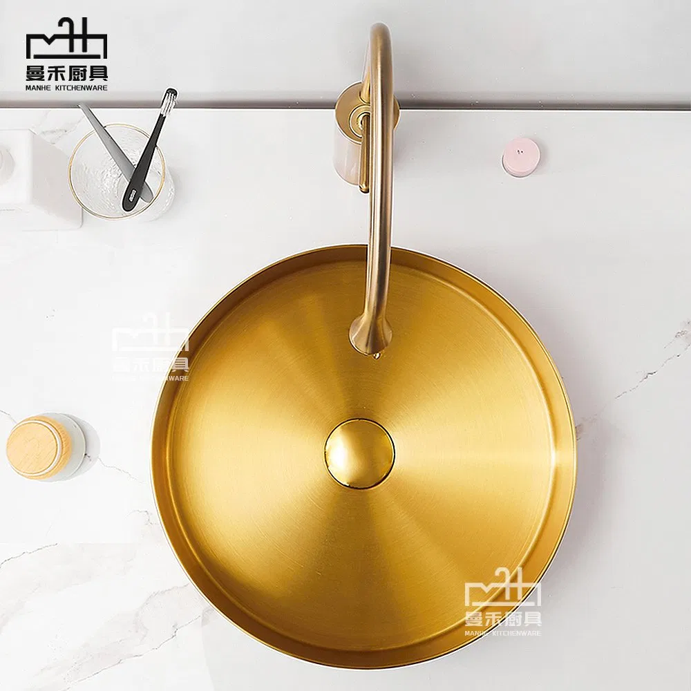 Golden Stainless Steel Vessel Art Sink Golden Bathroom Sink Round Hotel Basin Countertop