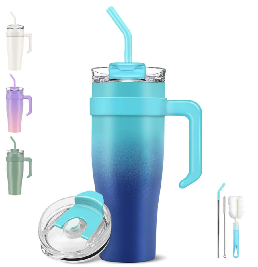Double Wall Vacuum Reusable Stainless Steel Tumbler with Handle and Straw Lid