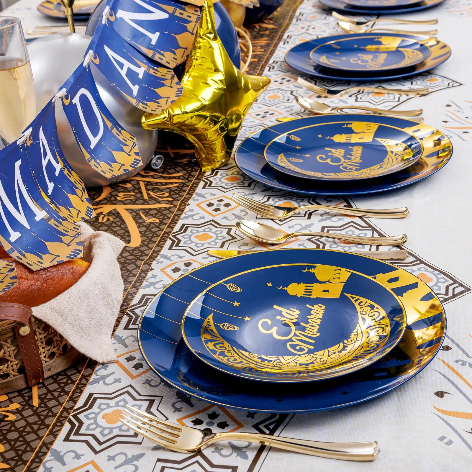 Nervure 125PCS Ramadan Plastic Plates - Eid Mubarak Plates - Blue Gold Plates Include 50PCS Plates 25PCS Spoons 25PCS Forks 25PCS Knives for Ramadan Mubarak Tab