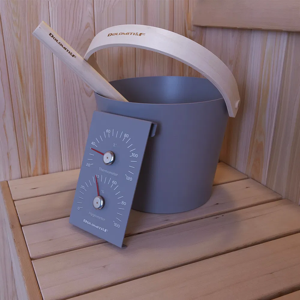 All-in-One Sauna Set Bucket Ladle Thermo-Hygrometer & Hourglass