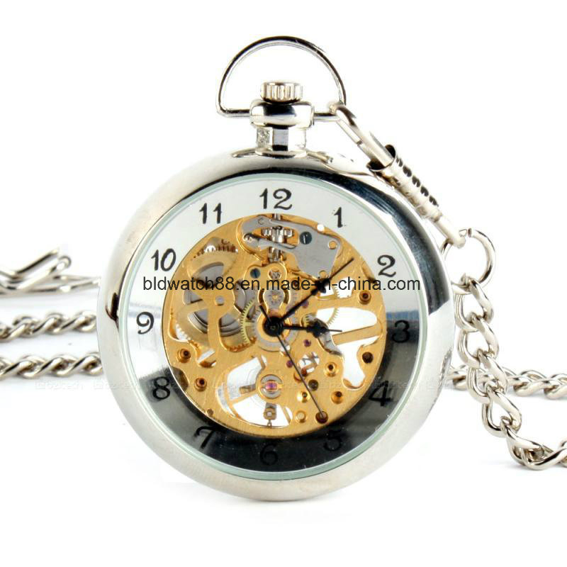 Custom Made Alloy Skeleton Mechanical Pocket Watch with Chain